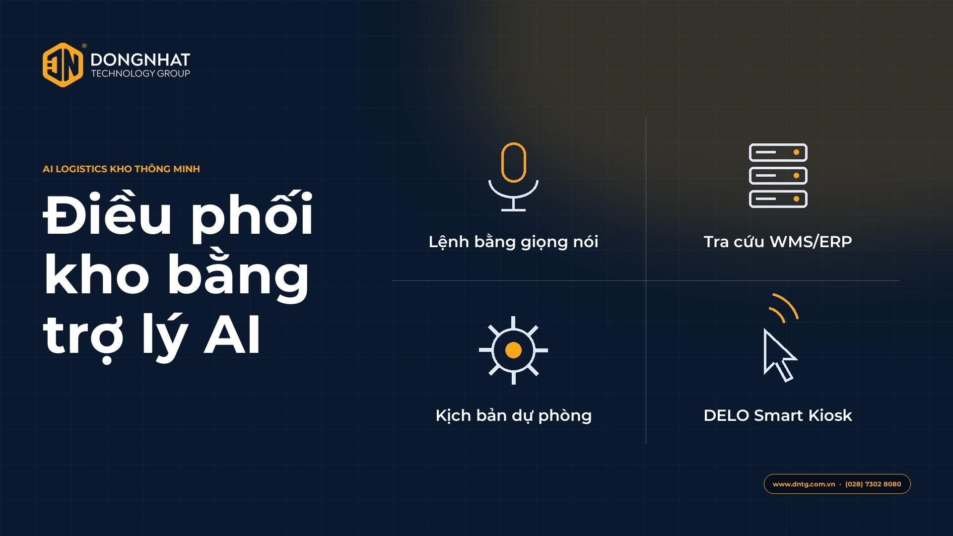 Bìa bài viết AI Logistics robot AGV: điều phối kho bằng trợ lý AI, truy xuất WMS/ERP, kịch bản dự phòng và DELO Smart Kiosk
